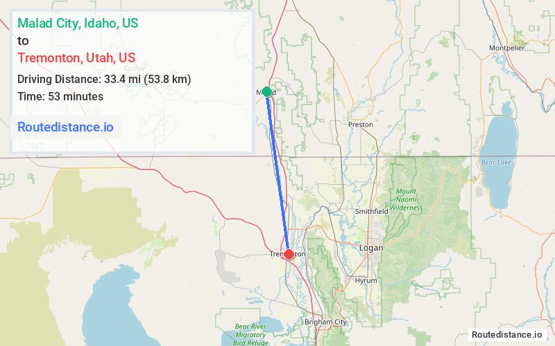 Route map from Malad City to Tremonton