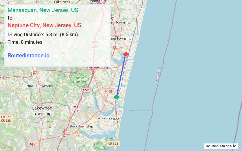 Route map from Manasquan to Neptune City
