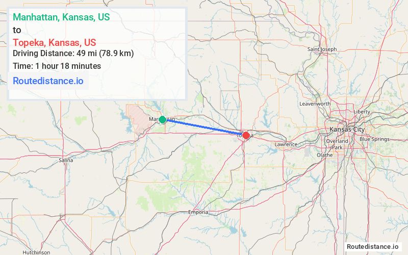 Route map from Manhattan to Topeka