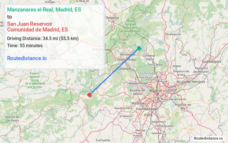Distance from Manzanares el Real to San Juan Reservoir
