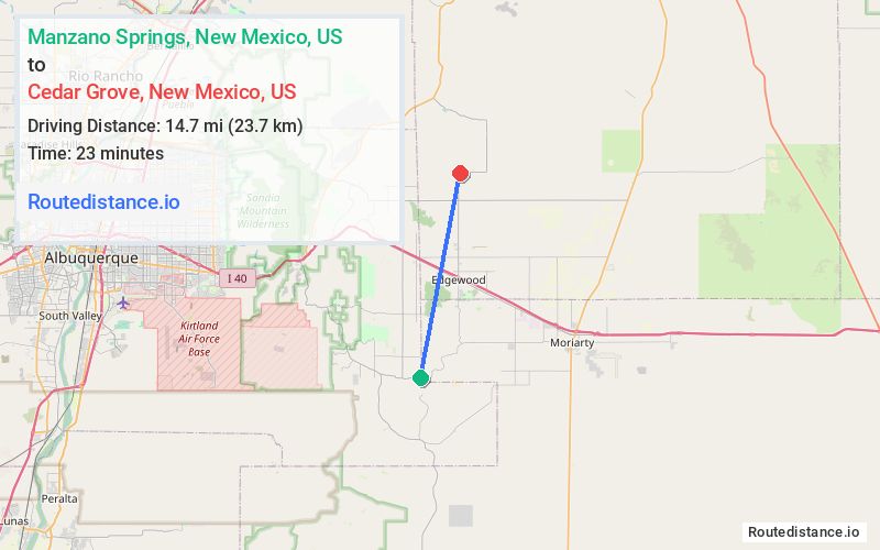 Route map from Manzano Springs to Cedar Grove