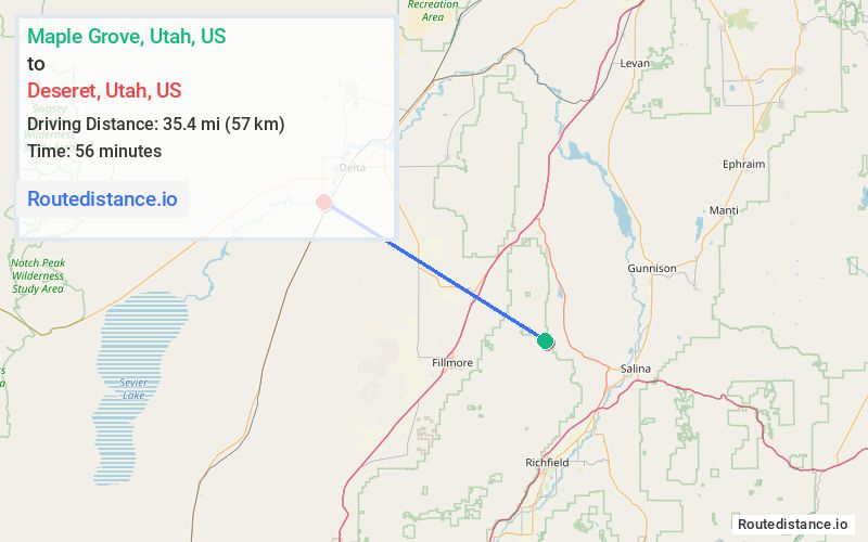 Route map from Maple Grove to Deseret