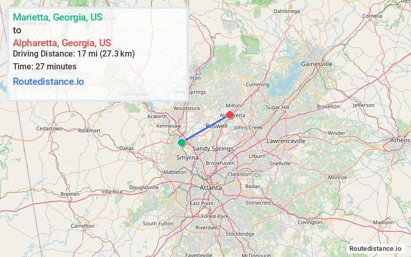 Route map from Marietta to Alpharetta