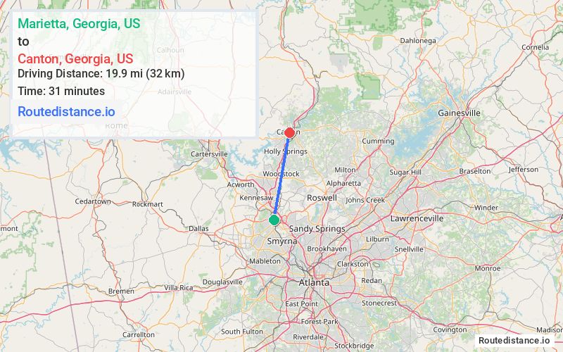 Route map from Marietta to Canton