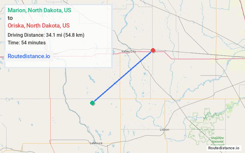Route map from Marion to Oriska