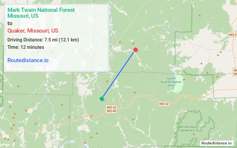 Distance from Mark Twain National Forest to Quaker