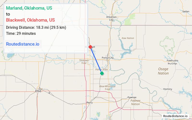 Route map from Marland to Blackwell