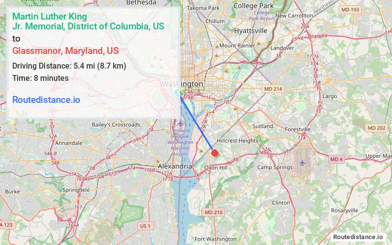 Route map from Martin Luther King, Jr. Memorial to Glassmanor