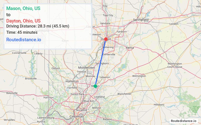 Route map from Mason to Dayton