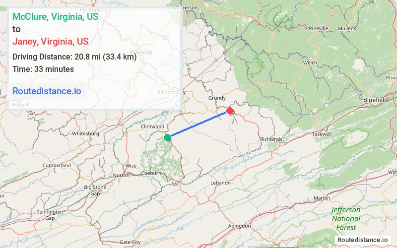 Route map from McClure to Janey