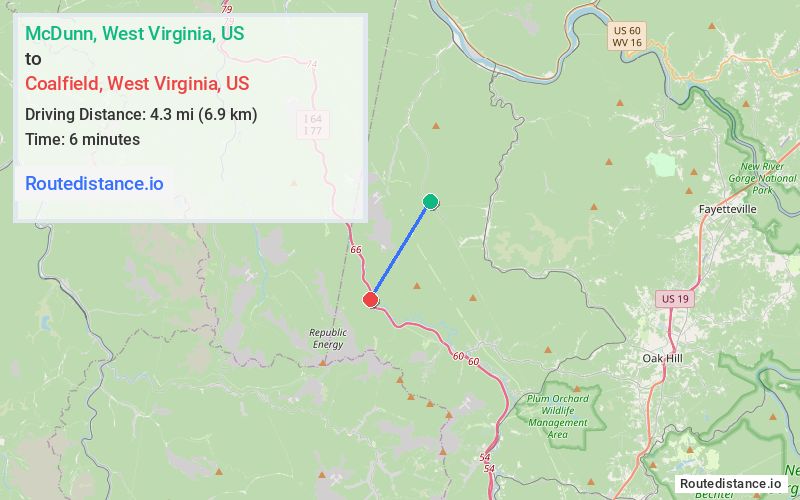 Route map from McDunn to Coalfield