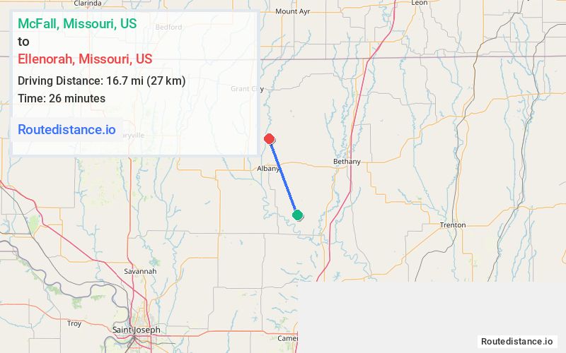 Route map from McFall to Ellenorah