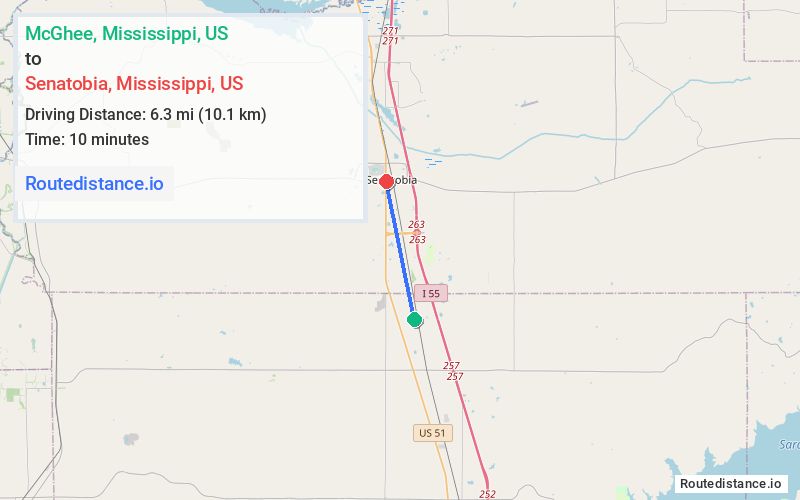 Route map from McGhee to Senatobia