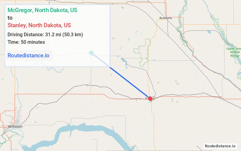 Route map from McGregor to Stanley