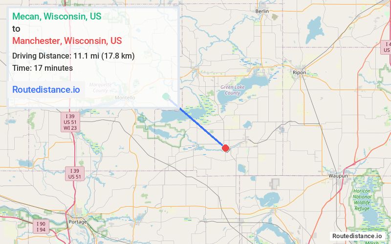 Route map from Mecan to Manchester
