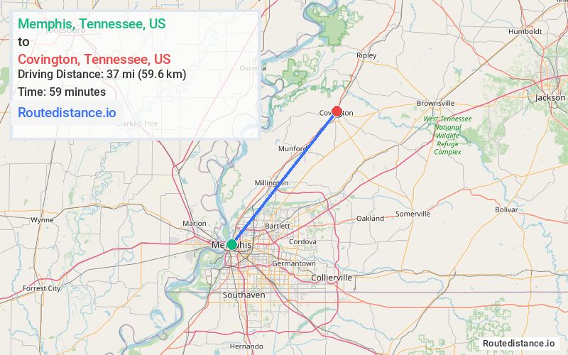 Route map from Memphis to Covington