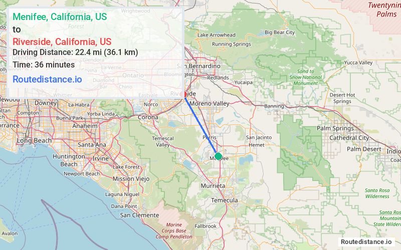 Route map from Menifee to Riverside