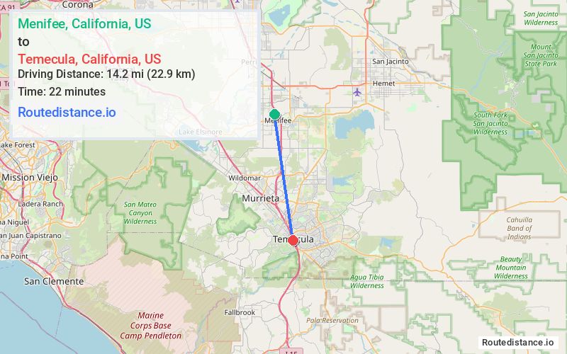Route map from Menifee to Temecula