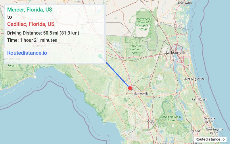 Route map from Mercer to Cadillac