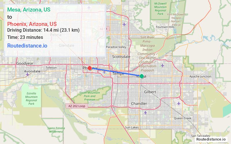 Route map from Mesa to Phoenix