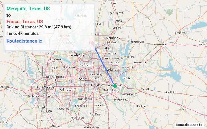 Route map from Mesquite to Frisco
