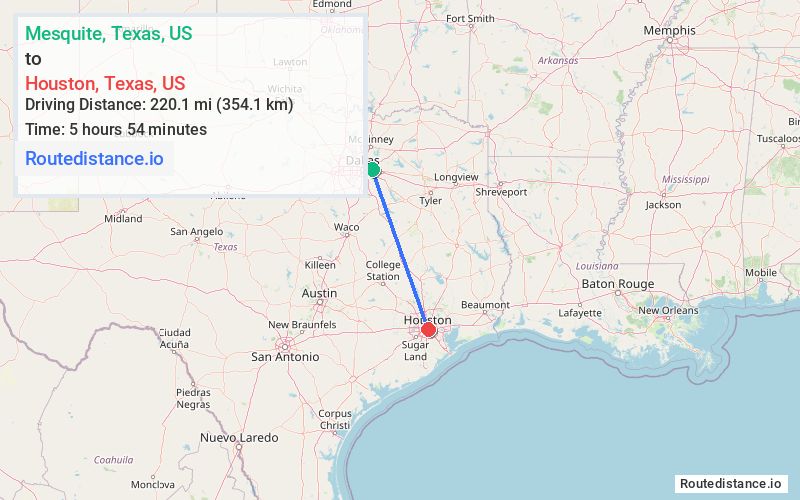 Route map from Mesquite to Houston