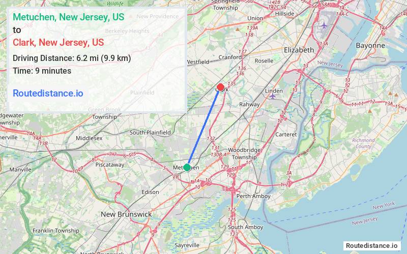 Route map from Metuchen to Clark