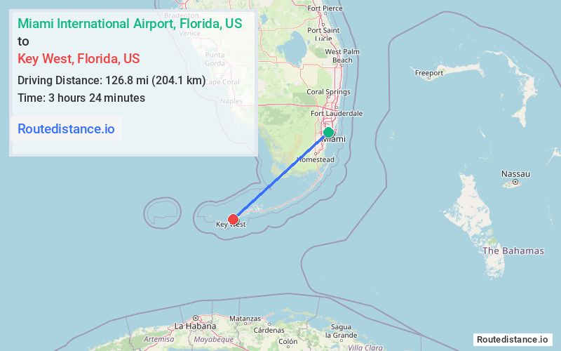 Route map from Miami International Airport to Key West