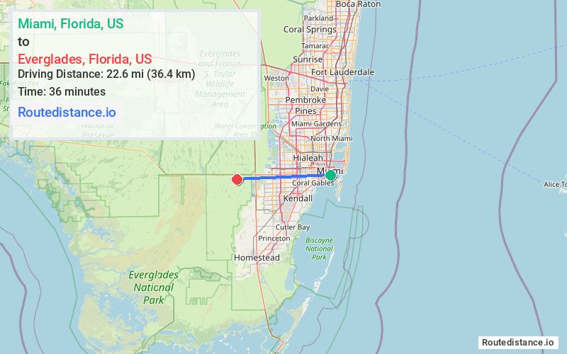 Route map from Miami to Everglades
