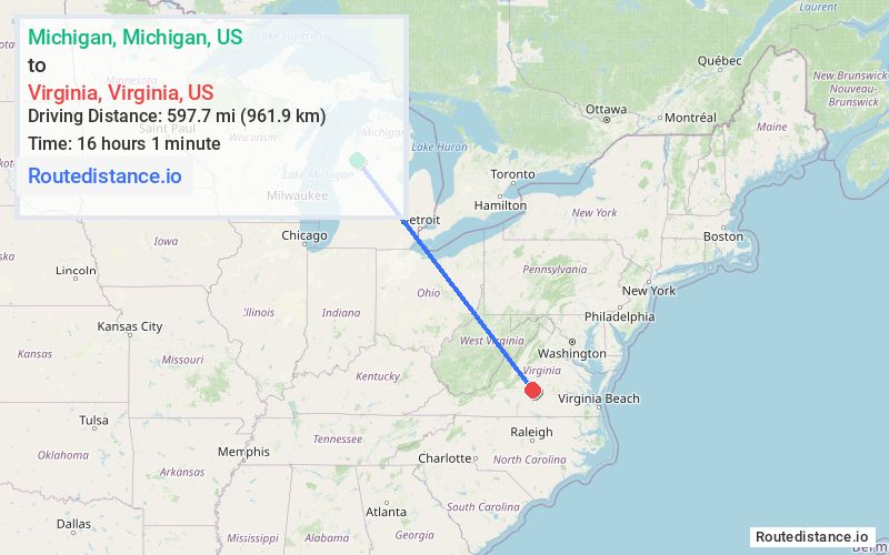 Route map from Michigan to Virginia