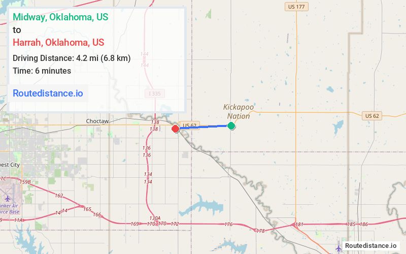 Route map from Midway to Harrah