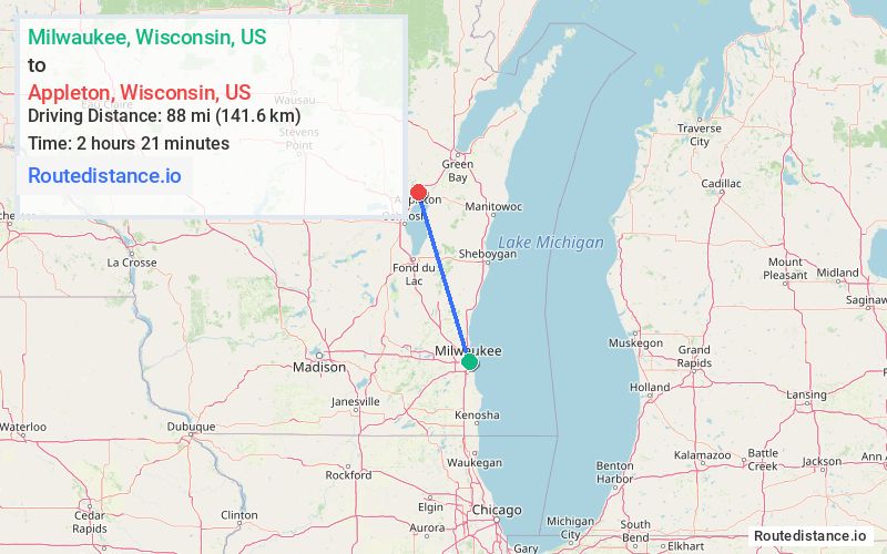 Route map from Milwaukee to Appleton