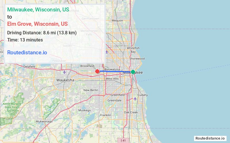 Route map from Milwaukee to Elm Grove