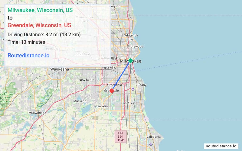 Route map from Milwaukee to Greendale