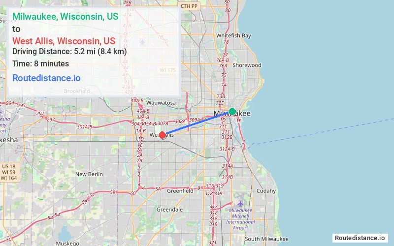 Route map from Milwaukee to West Allis