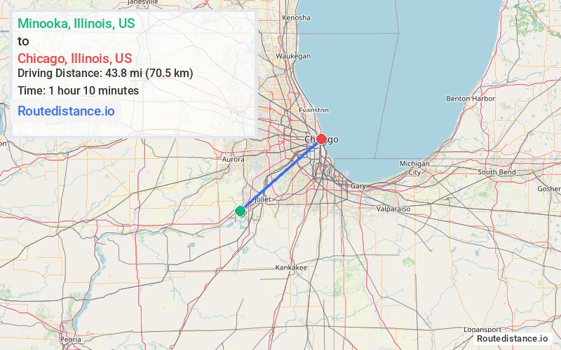 Route map from Minooka to Chicago