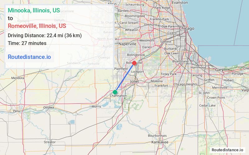 Route map from Minooka to Romeoville