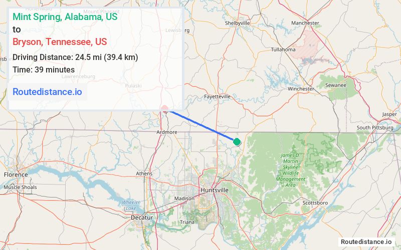 Distance from Mint Spring to Bryson