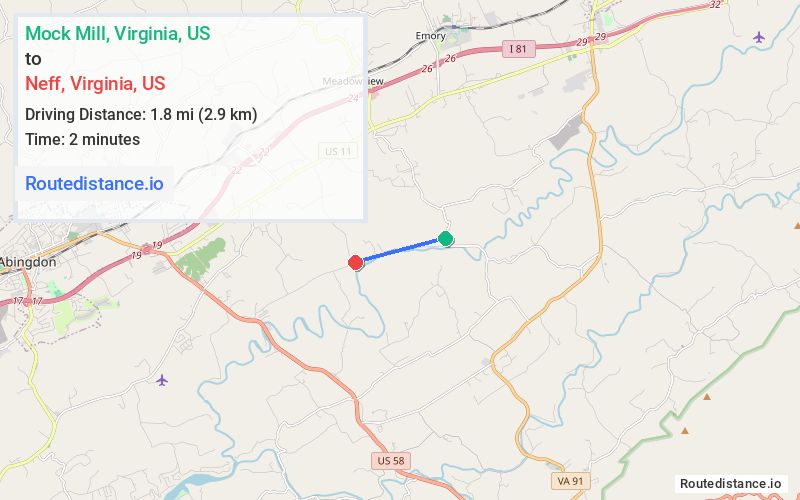 Route map from Mock Mill to Neff