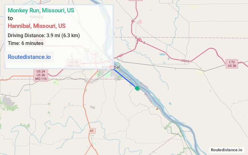 Distance from Monkey Run to Hannibal
