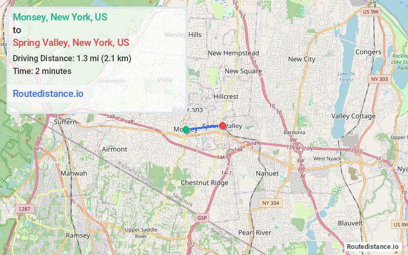 Route map from Monsey to Spring Valley