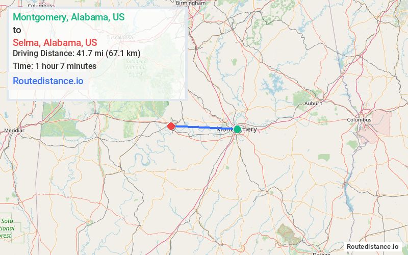 Route map from Montgomery to Selma