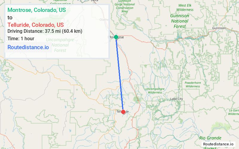 Route map from Montrose to Telluride