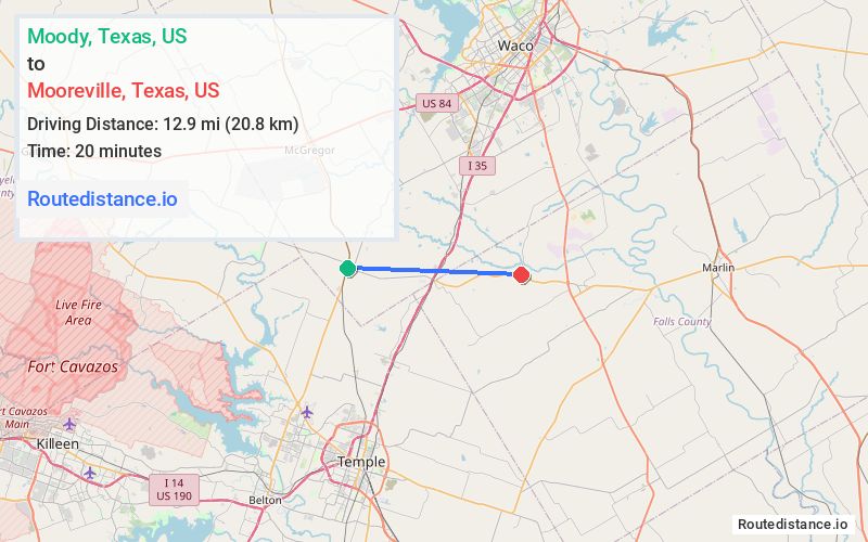Distance from Moody to Mooreville