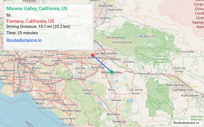 Route map from Moreno Valley to Fontana