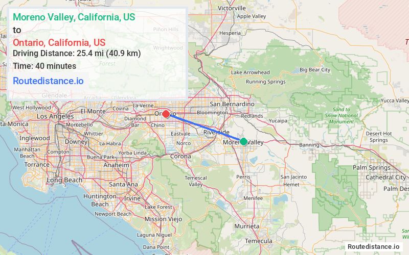 Route map from Moreno Valley to Ontario