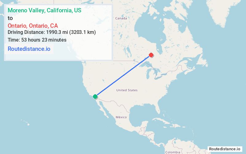Route map from Moreno Valley to Ontario