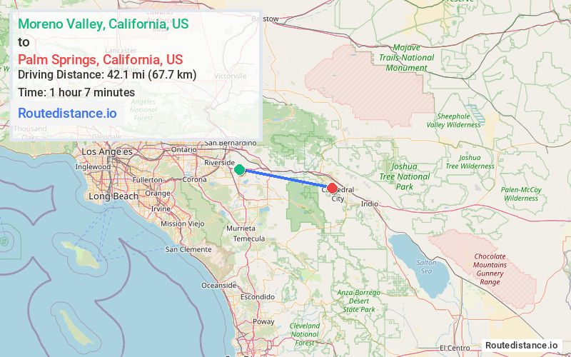 Route map from Moreno Valley to Palm Springs