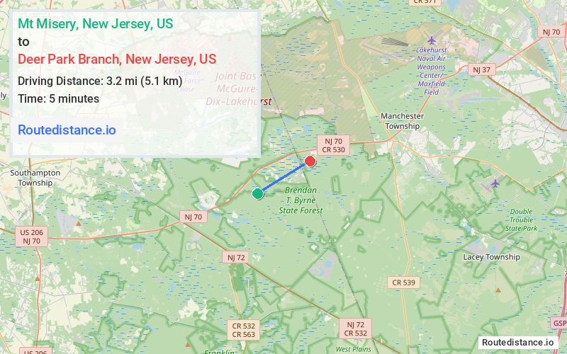 Route map from Mt Misery to Deer Park Branch