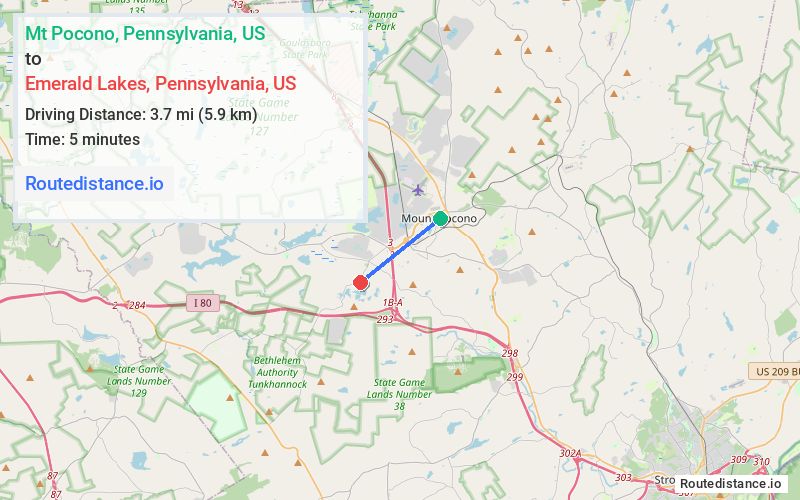 Route map from Mt Pocono to Emerald Lakes